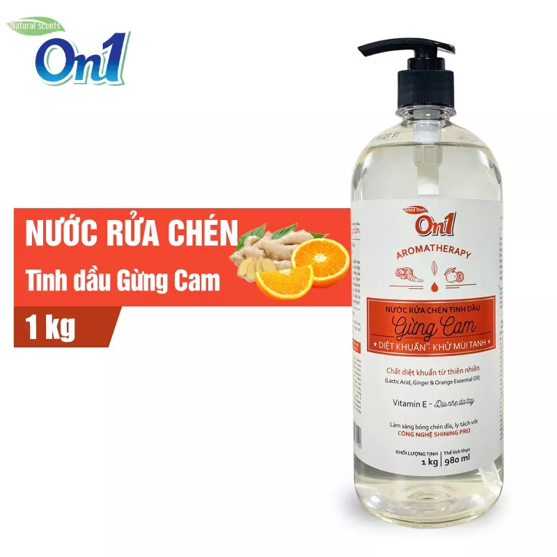 Nước Rửa Chén On1 Tinh Dầu Gừng Cam 1Kg, Diệt Khuẩn, Khử Mùi Tanh