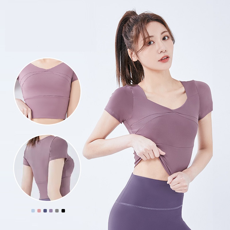 Set quần áo tập gym yoga Linda 2 món, áo croptop ngắn tay có mút đệm và quần đùi 2 lớp ôm body, tôn dáng