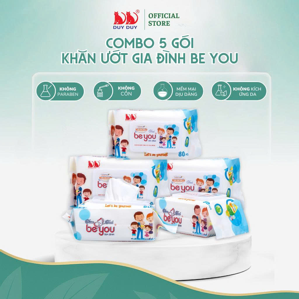 Combo 5 Gói Khăn ướt đa năng Be You vải không dệt rayon loại 1 80 miếng (13.5x20cm) không hóa chất