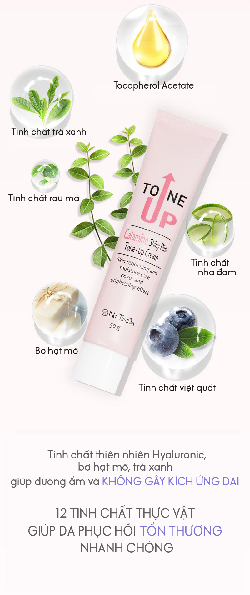 Kem nâng tông dưỡng da trắng hồng rạng rỡ - Natinda Calamine Shiny Pink Tone-Up Cream - 50g