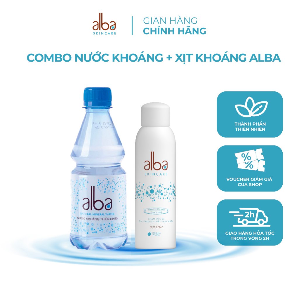 Combo Thùng 24 chai nước khoáng thiên nhiên không ga Alba 350ml + Xịt khoáng Alba Skin Care dành cho da khô 150ml