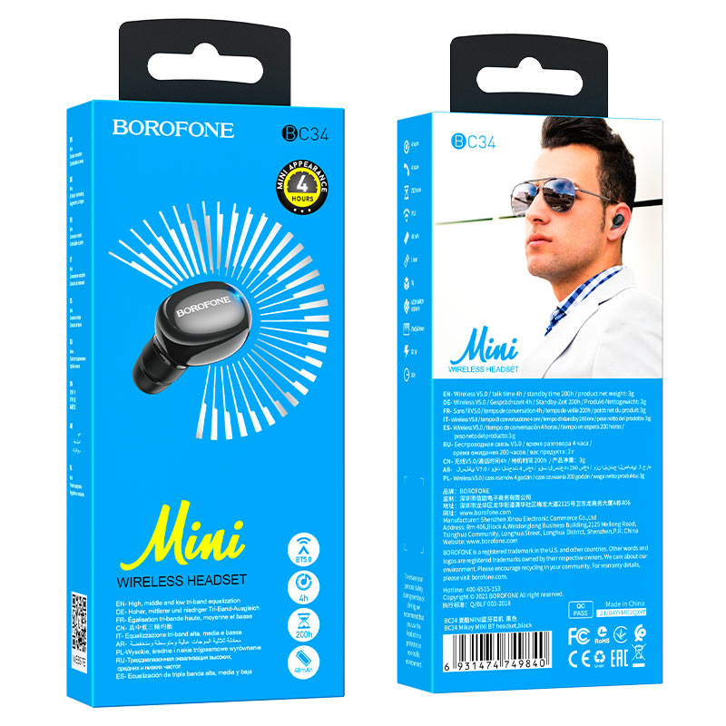 Tai nghe Bluetooth BC34 Borofone Mikey V5.0- Hàng Chính Hãng