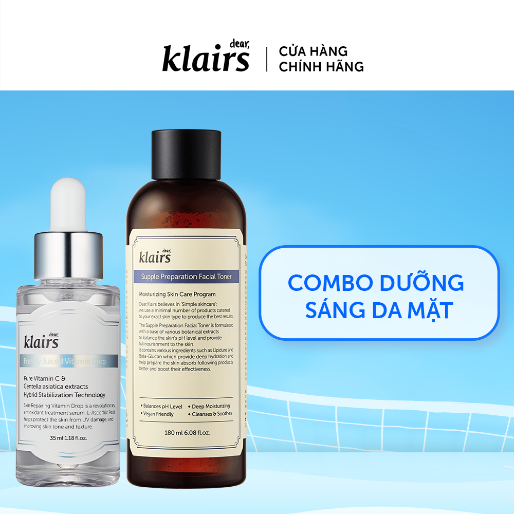 Combo Dear, Klairs Nước hoa hồng Supple Preparation Facial Toner 180ml+Tinh chất Freshly Juiced Vitamin Drop 35ml