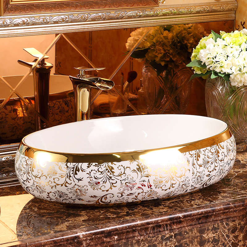 Chậu lavabo đặt bàn Oval hoa văn dát vàng Navier NV-418