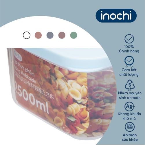 Hộp thực phẩm vuông Inochi - Hokkaido 2500ml Thân Trắng trong + Nắp màu Xanh/Hồng/Cam/Trắng trong