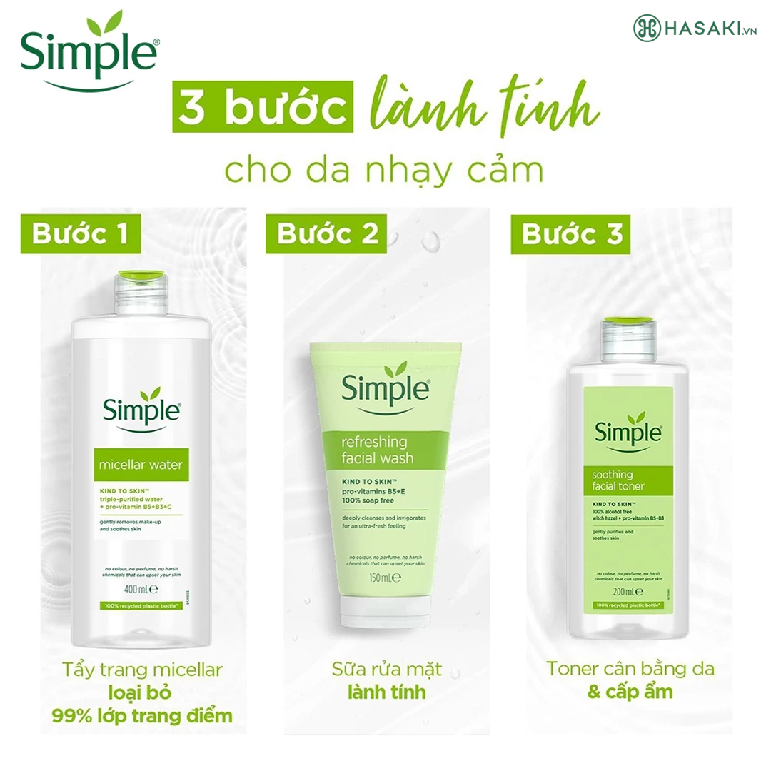 Nước hoa hồng Simple Toner làm dịu và cân bằng độ ẩm cho da - lành tính không chứa cồn 200ml [Chính hãng độc quyền]