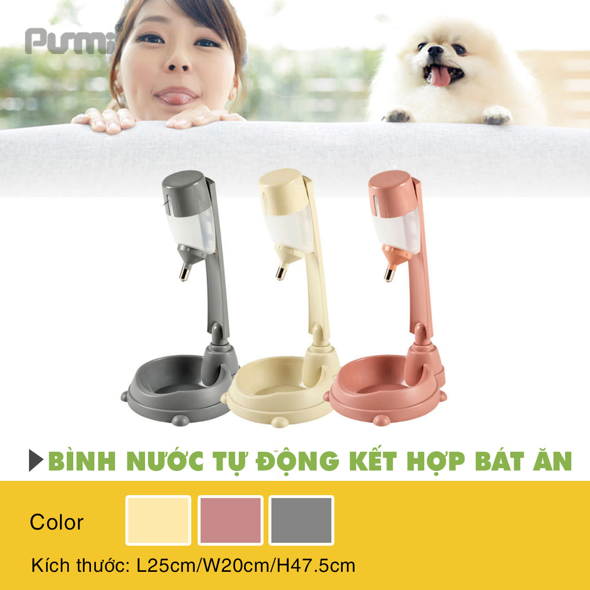 Bình nước kết hợp bát ăn không khấc Purmi nhiều màu