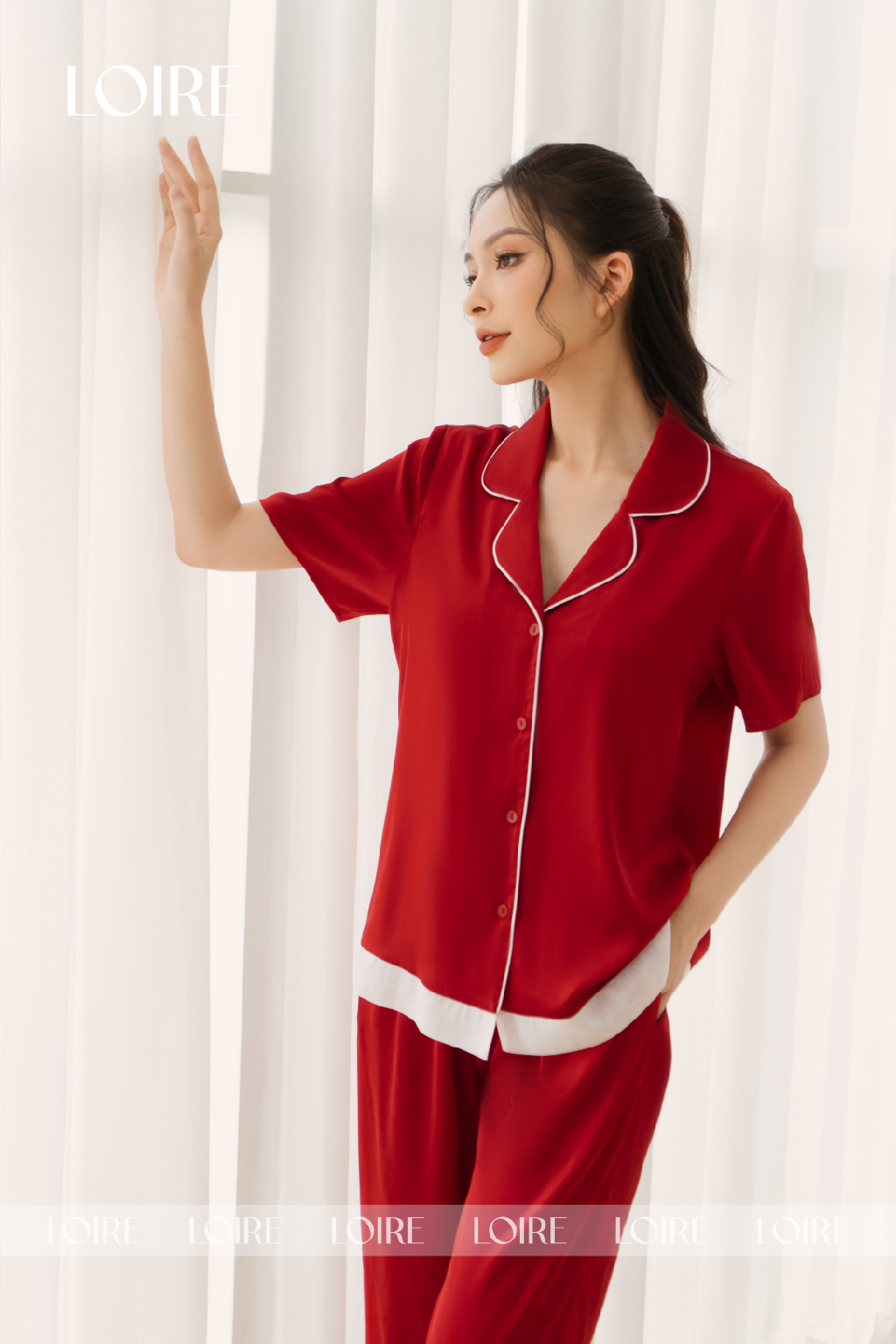 Bộ Pijama Lụa Đỏ Phối Voan Trắng Basic Loirechic LPN28