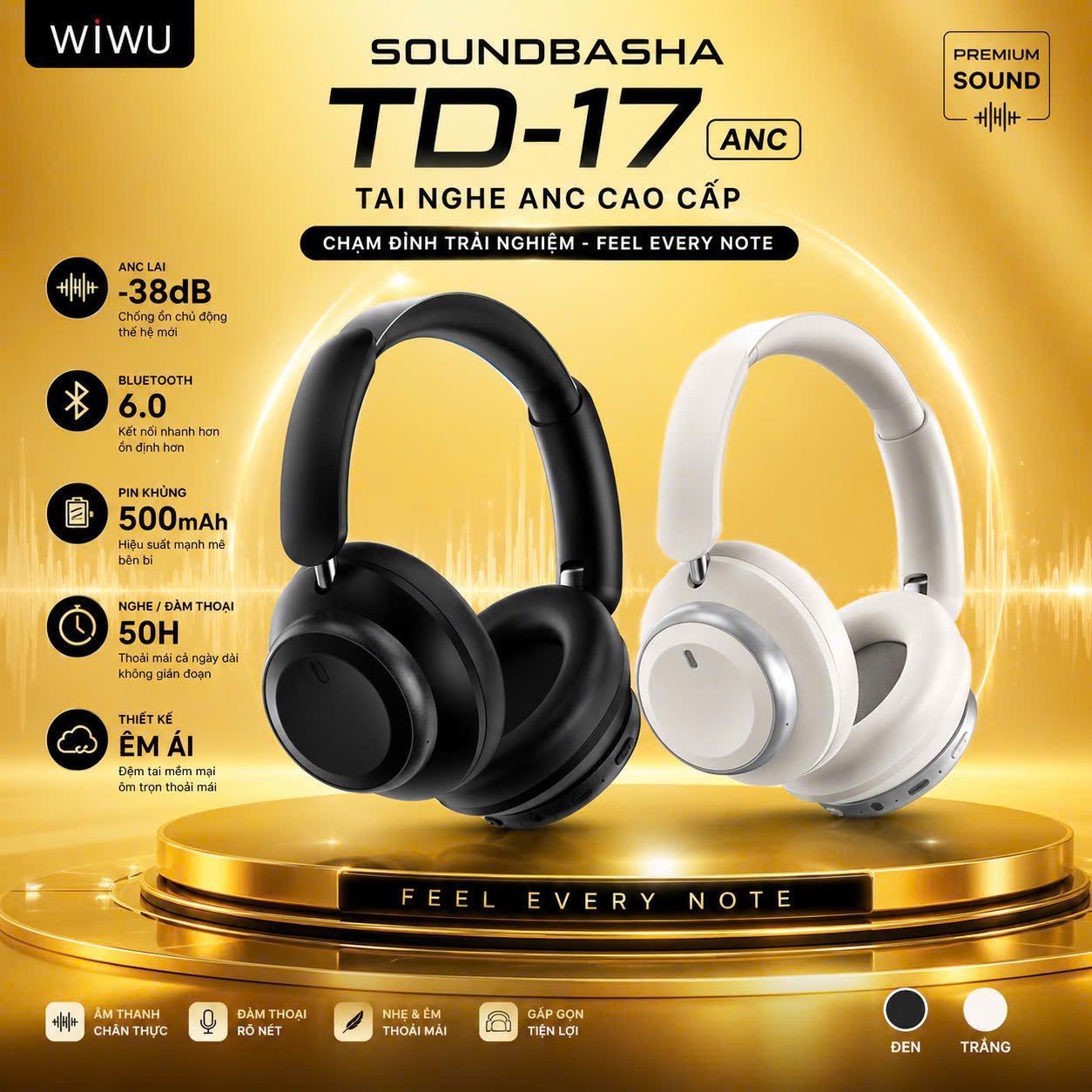 Tai Nghe chụp tai Chống ồn chủ động SilentCore Hybrid ANC Kép bluetooth V6.0 WiWU Soundbasha TD-17 cho iphone ipad oppo z fold samsung - Chống Ồn Hybrid ANC, Bluetooth 6.0, Pin 50 Giờ, Âm Thanh ACS 360° - Hàng nhập khẩu