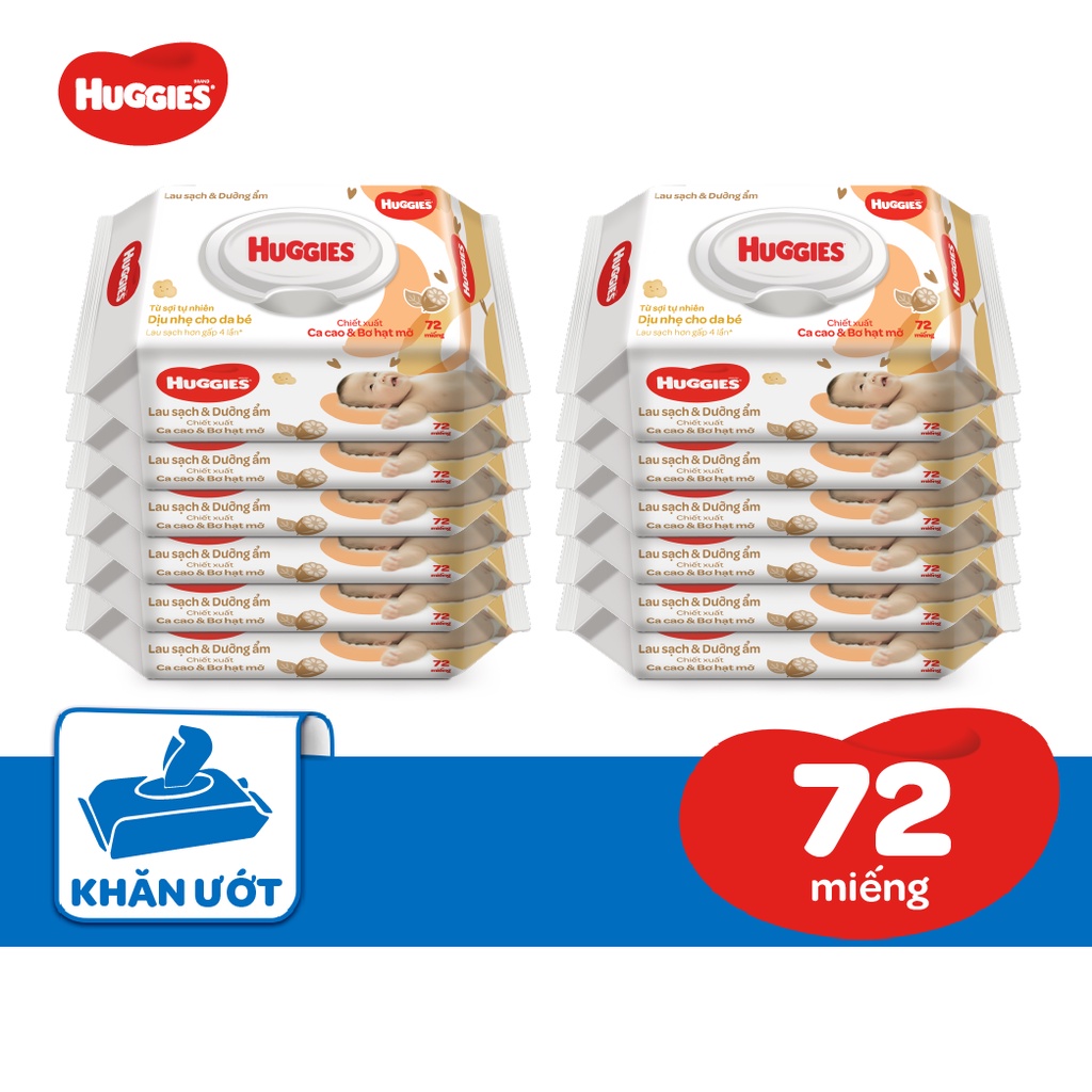 Combo 12 Gói Khăn Ướt Huggies Cacao và Bơ Hạt Mỡ (72 Miếng/ Gói)