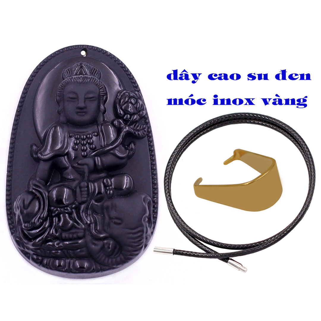 Mặt dây chuyền Phật Phổ hiền đá đen 3.6 cm kèm móc inox vàng và vòng cổ dây cao su đen, Mặt Phật bản mệnh
