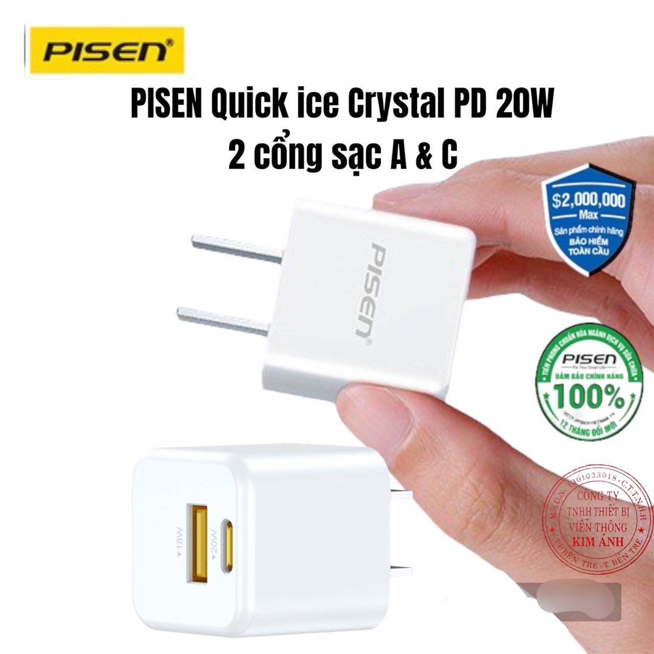 Cóc sạc nhanh Pisen Quick ice 20W siêu nhỏ 2 cổng sạc - PISEN QUICK ice Dual Port QP 20W (KPQ201), hàng chính hãng