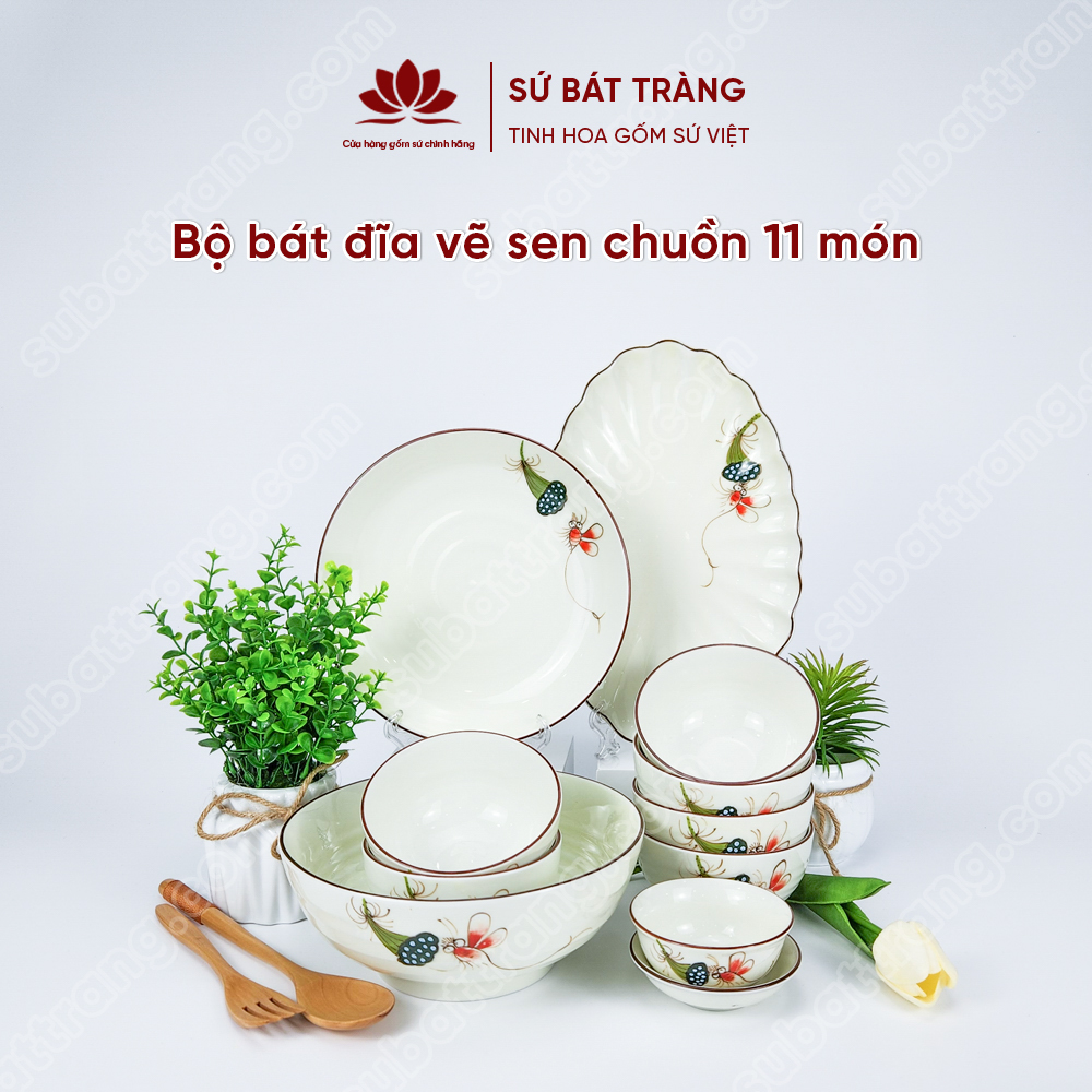 Bộ bát đĩa vẽ sen chuồn cao cấp Bát Tràng