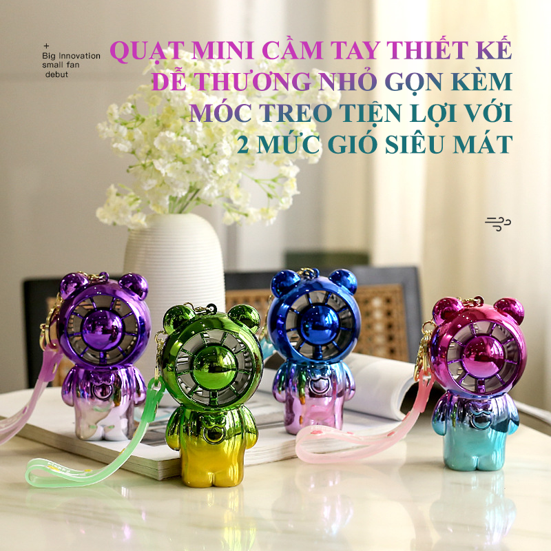 Quạt mini cầm tay kèm theo móc treo tiện lợi với thiết kế dễ thương nhỏ gọn có 2 mức độ gió siêu mát
