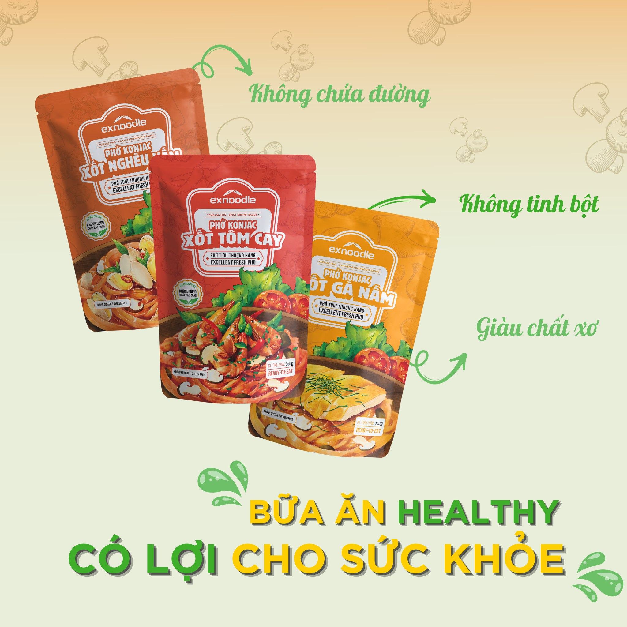 Combo 3 vị Phở konjac trộn xốt-Phở tươi thượng hạng Exnoodle, ít calorie,giàu xơ,không chất bảo quản, sd trực tiếp (gói 350g)