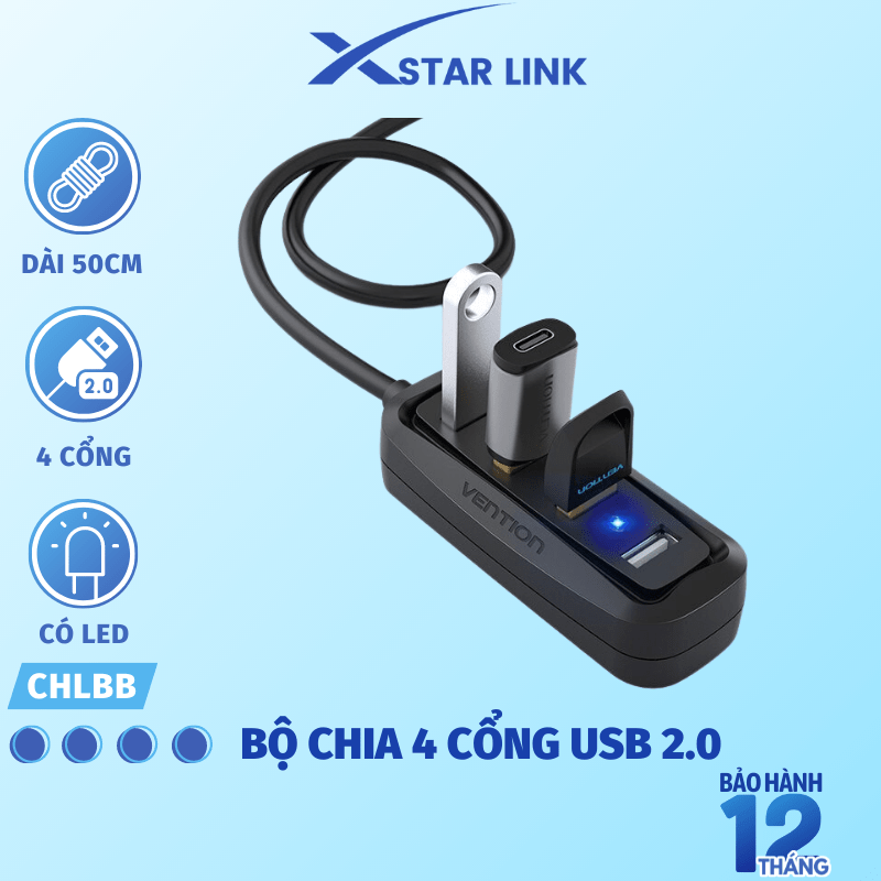 Bộ chia 4 cổng USB 2.0 Vention VAS-J43 (50cm - 1m) - Hàng chính hãng