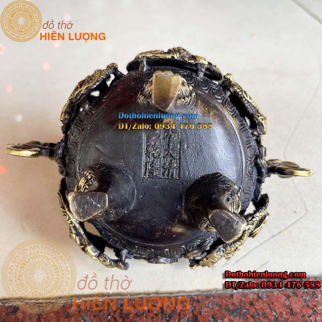 Đỉnh Xông Trầm Song Long Chầu Nguyệt Thủng Màu Đen Bằng Đồng Phong Thủy