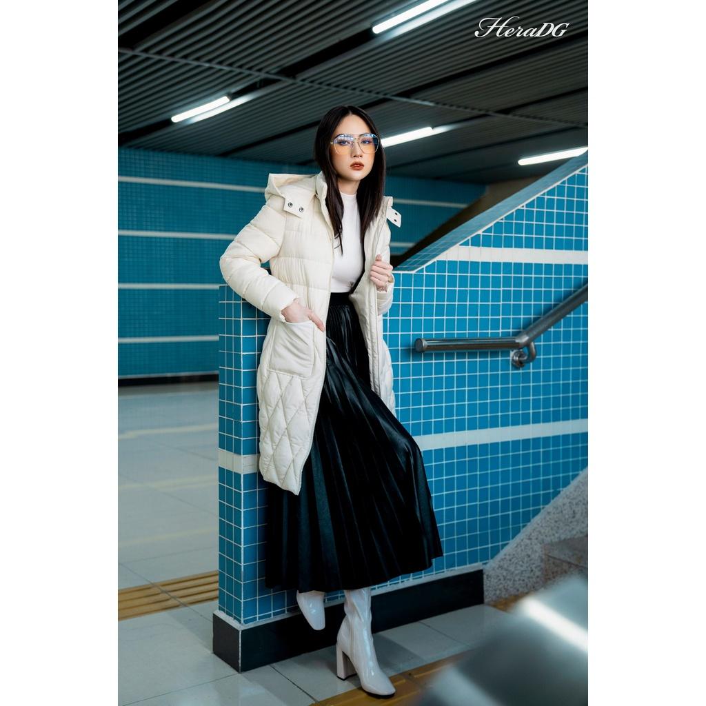 Áo Khoác Phao Nữ Dáng Dài HeraDG Túi Ốp Thân Chần Trám Kèm Mũ, Vải 3 Lớp Chống Gió Chống Nước Chống Bám Bụi WJKBA06