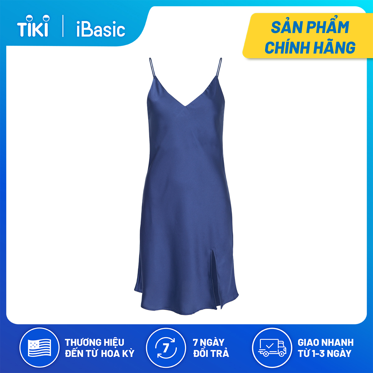 Đầm Ngủ Lụa Satin Hai Dây Xẻ Tà iBasic SW037 - Xanh Navy - XL