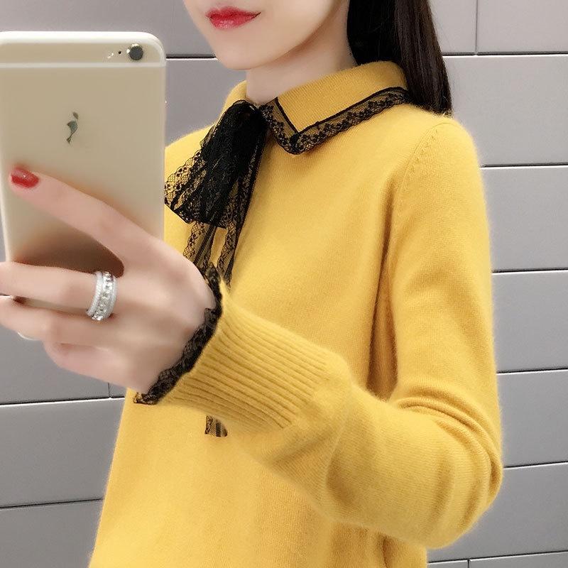 MS367 Áo len nữ cổ bẻ nơ ren thanh lịch