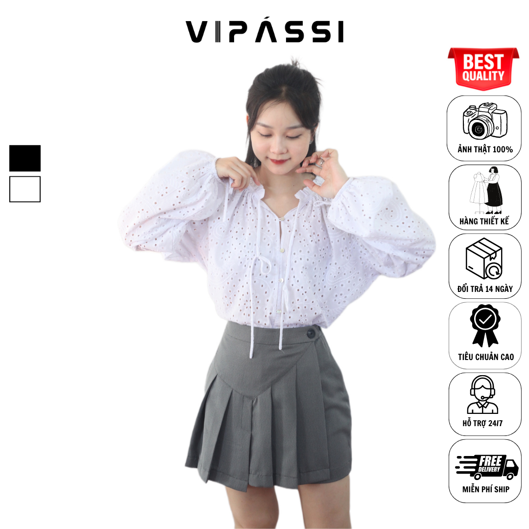 VIPÁSSI Áo Ren Nữ Dài Tay Phồng Cổ Nhún Bèo Dây Thắt Nơ