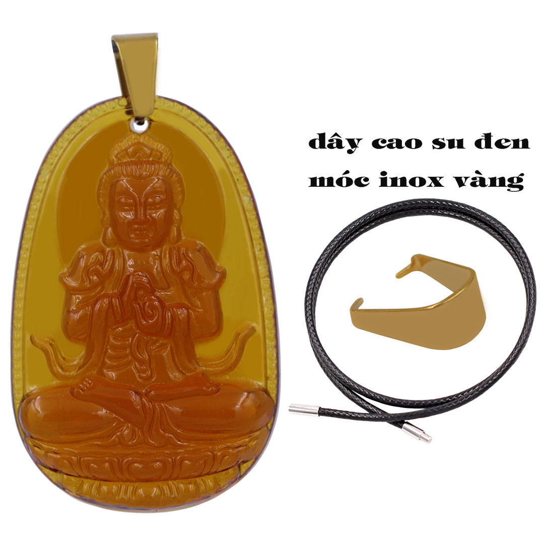 Mặt Phật Đại nhật như lai pha lê trà 3.6 cm kèm móc và vòng cổ dây cao su đen, Mặt Phật bản mệnh