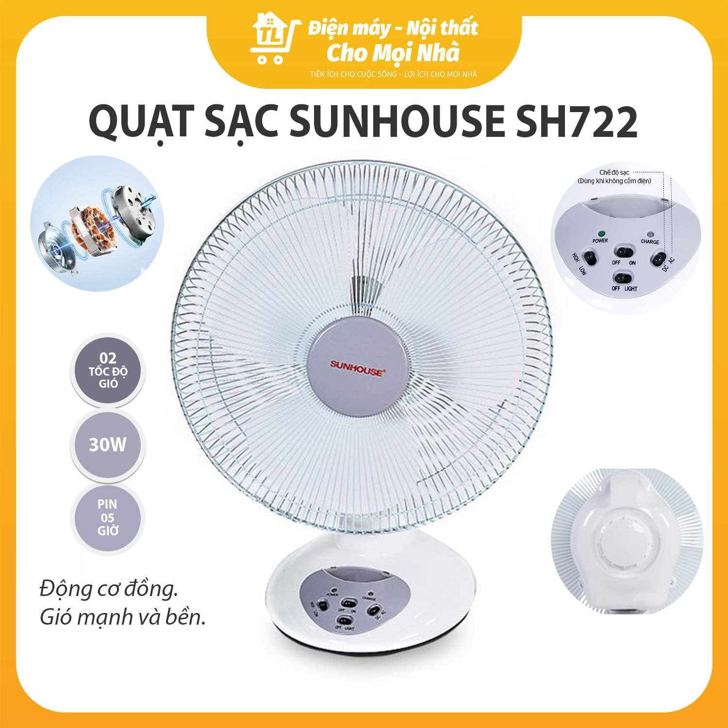 Quạt Tích Điện Sunhouse SH722 - Hàng chính hãng