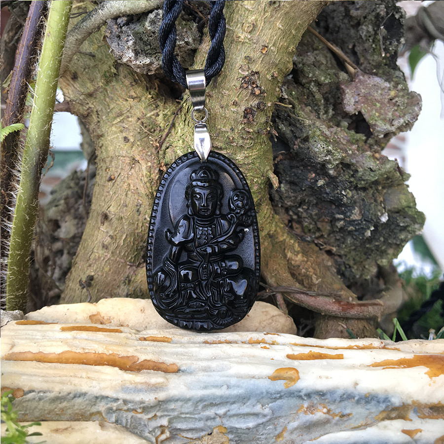 Dây chuyền mặt Phật Phổ Hiền Bồ Tát,  Mặt đá Núi lửa Obsidian,   Hộ mệnh cho Tuổi Thìn, (2,4 x 3,6 cm)  TEN5