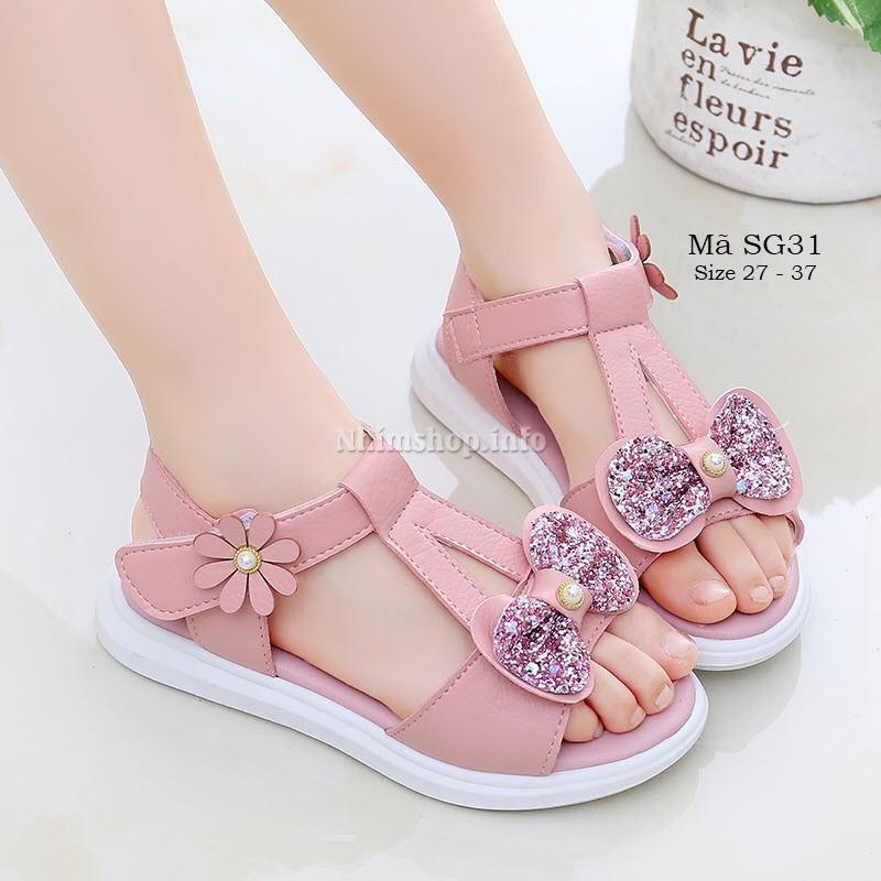 Dép sandal bé gái êm nhẹ cao cấp quai ngang gắn nơ điệu đẹp thời trang cho trẻ em 4 5 6 9 10 11 12 tuổi đi học SG31