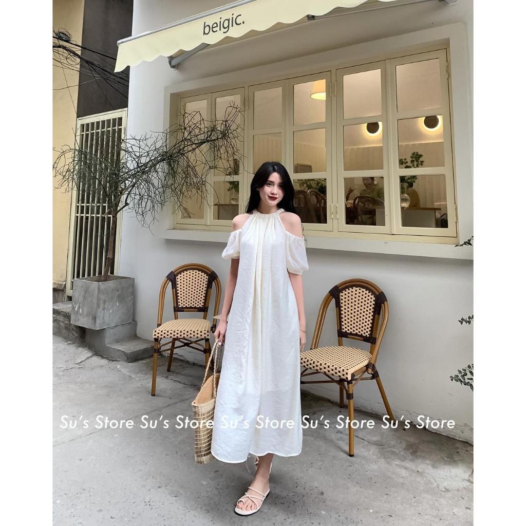 ĐẦM VÁY SUÔNG NHĂN 2 LỚP DÁNG DÀI CỔ YẾM CHUN KHOÉT VAI ĐI BIỂN SIÊU XIN