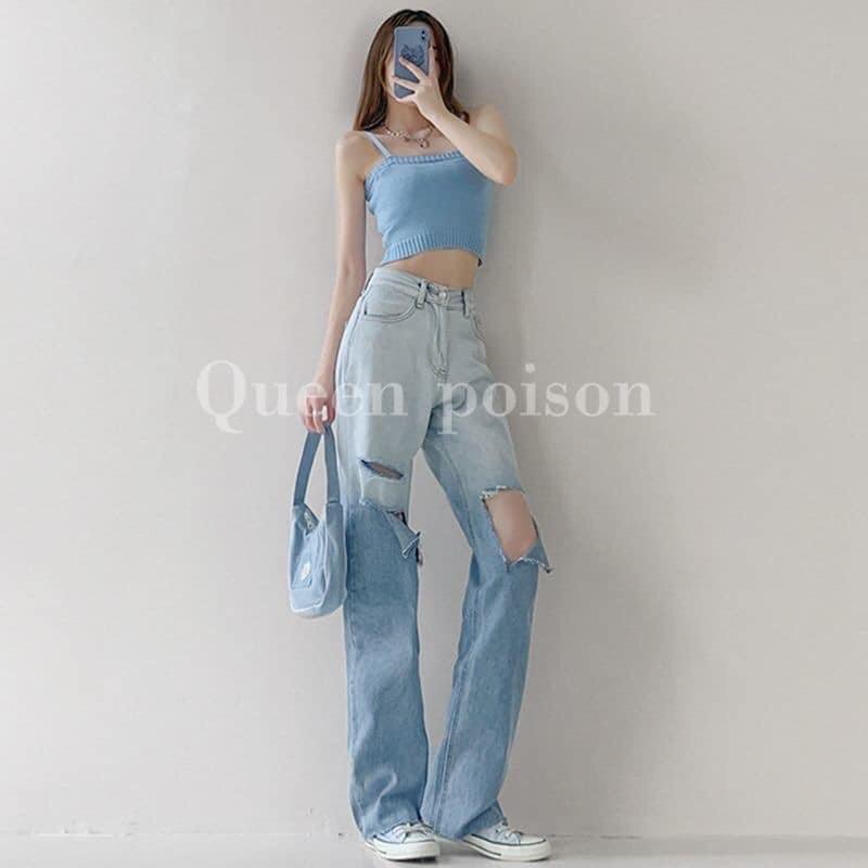 Quần Jean Nữ Rách Gối Ống Rộng Cạp Lưng Cao Màu Xanh Trắng Dáng Ống Xuông Chất Bò Dầy Dặn