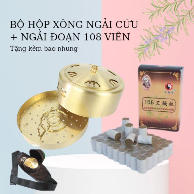 Combo Hộp Xông Ngải Cứu Trị Liệu Bằng Đồng Không Khói+ Bao nhung+ Hộp ngải đoạn đốt, ngải nhung cao cấp 108 viên