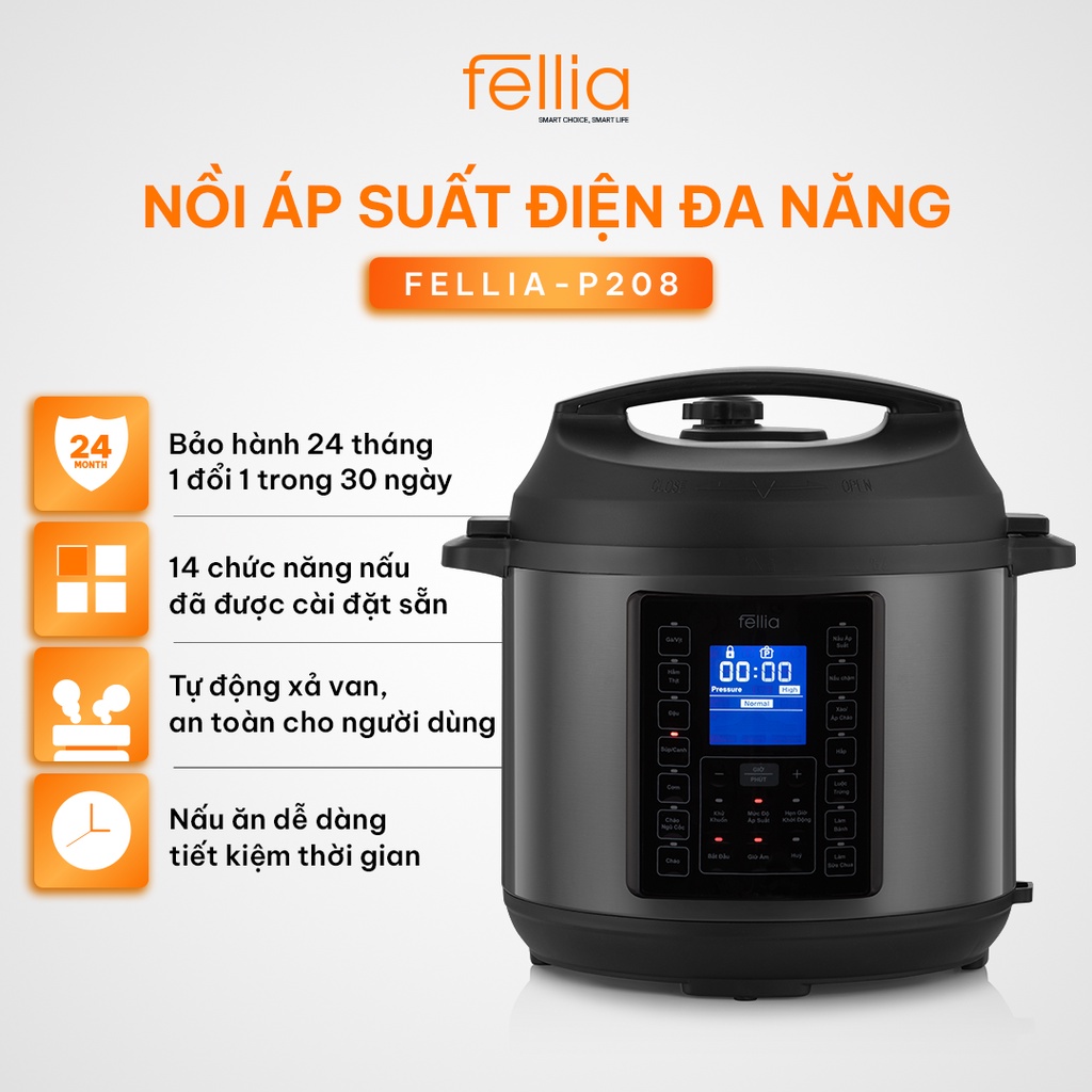 COMBO Nồi áp suất điện đa năng Fellia P208-6L+ Ấm Siêu Tốc Fellia-Hàng Chính Hãng