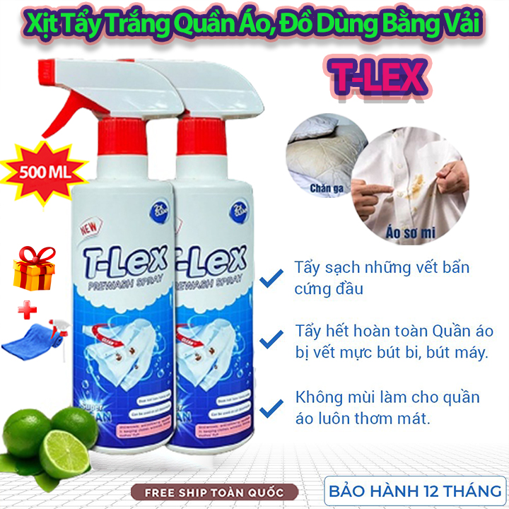 Chai Tẩy Trắng Quần Áo T-LEX 500ml, Tẩy Mốc, Ố Vàng, Không Phai Màu - Dùng Cả Vải Trắng, Màu