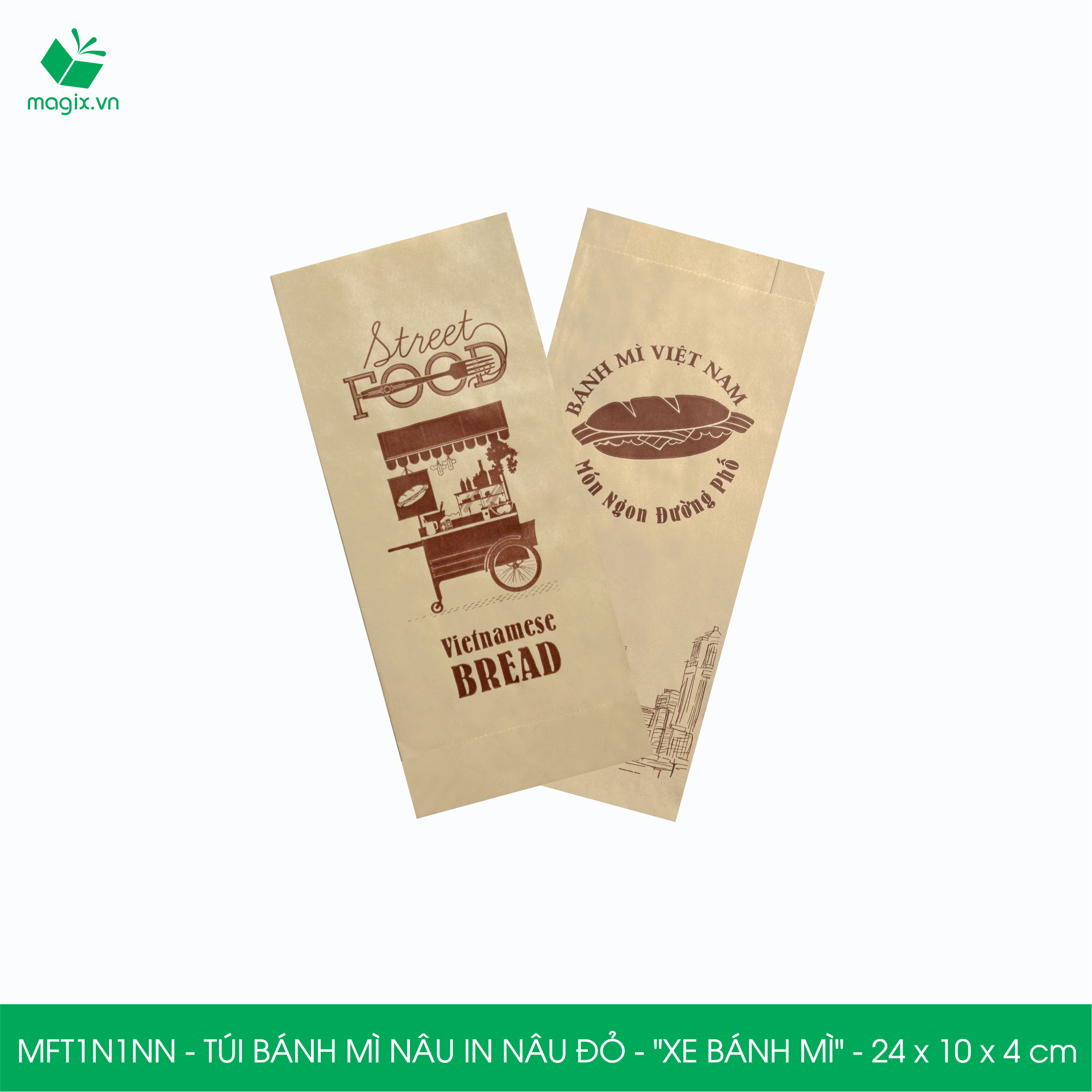 MFT1N1NN - 24x10x4 cm - 1000 Túi bánh mì Nâu, in sẵn họa tiết XE BÁNH MÌ - Bao bánh mì Túi giấy thực phẩm an toàn