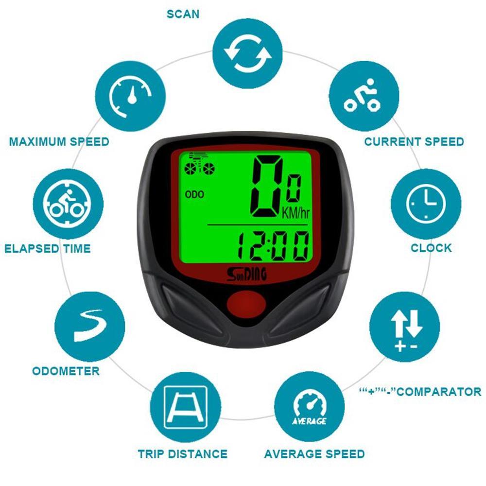 Máy đo tốc độ đi xe đạp có dây Sunding Màn hình LCD cho xe đạp leo núi với đèn nền màu xanh lá cây