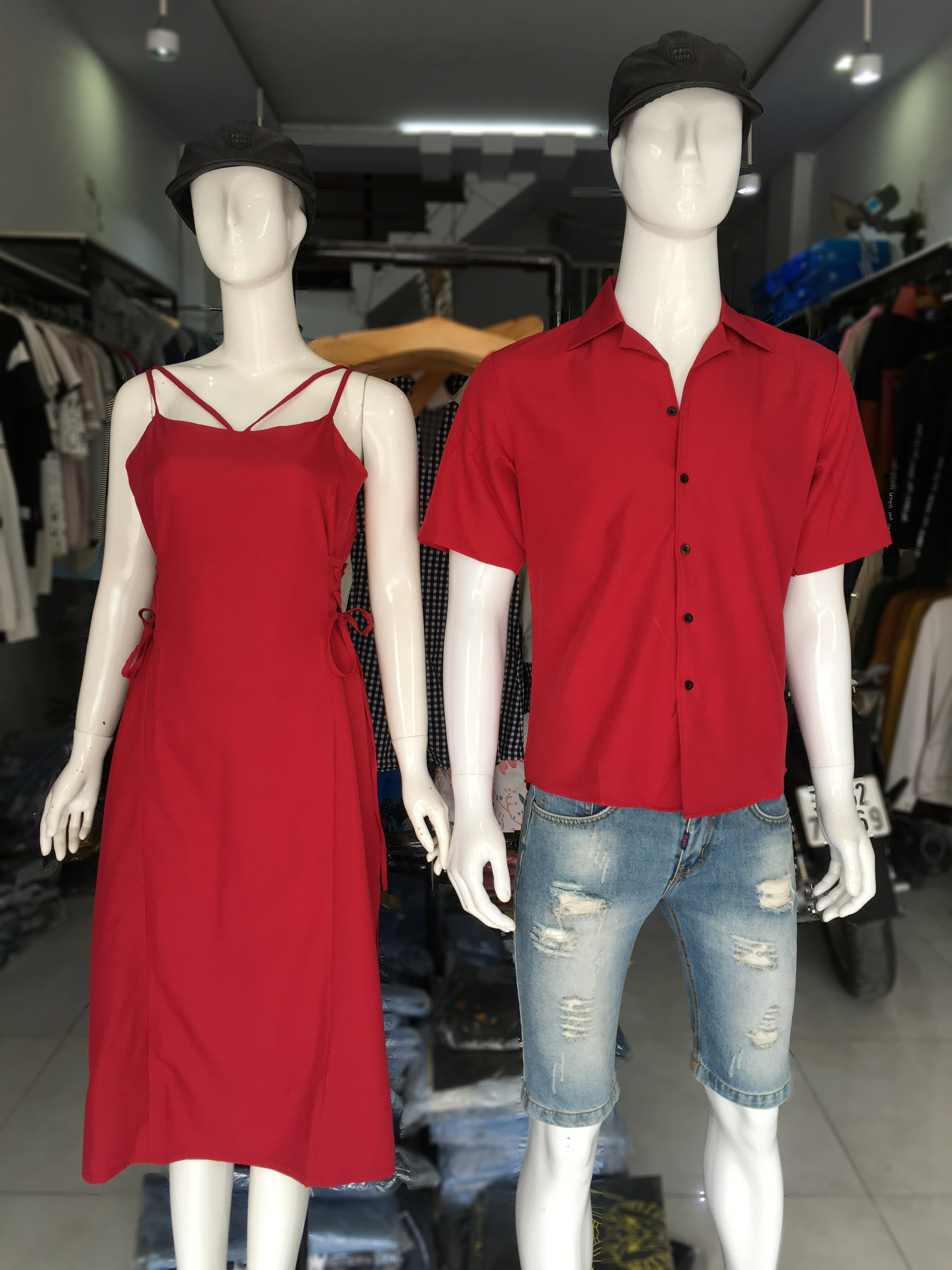 Set Áo váy đôi sơ mi CoupleTina họa tiết đi biển mềm mịn cao cấp - màu đỏ