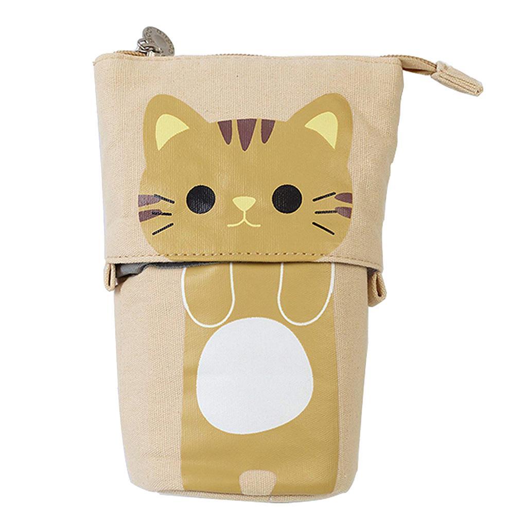 Telescopic Canvas Pen Storage Pencil Case Cosmetic Makeup Organizer Bag Brown