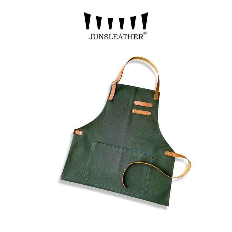 Tạp dề pha chế vải canvas dây da của Junsleather phối da bò cao cấp dành cho Barista/Bartender quán cà phê