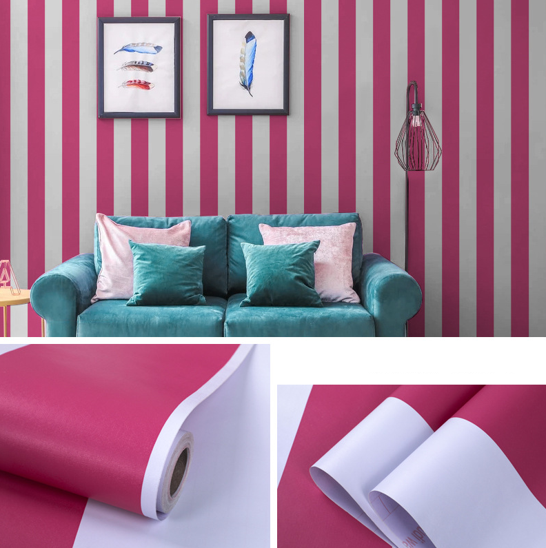 Combo Cuộn 10m Decal giấy dán tường sọc trắng hồng đậm khổ 45cm có keo sẵn