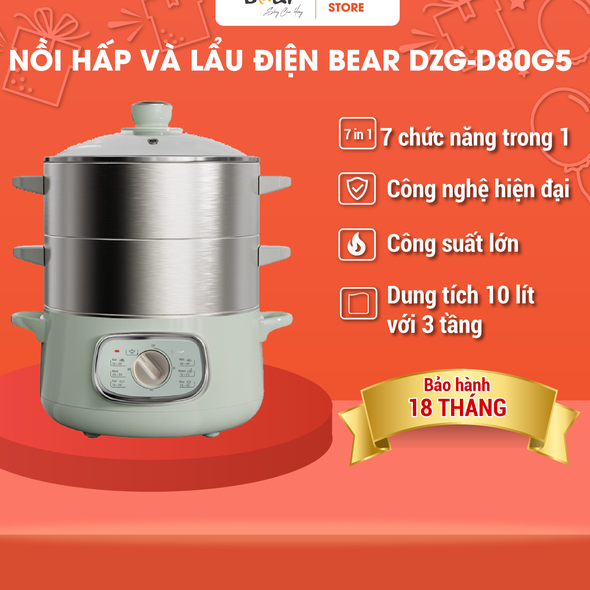 Nồi Hấp Điện 3 Tầng Bear 10L Hấp Đa Năng, Bánh Bao, Xôi, Đồ Ăn Dặm Cho Bé DZG-D80G5 - Hàng Chính Hãng