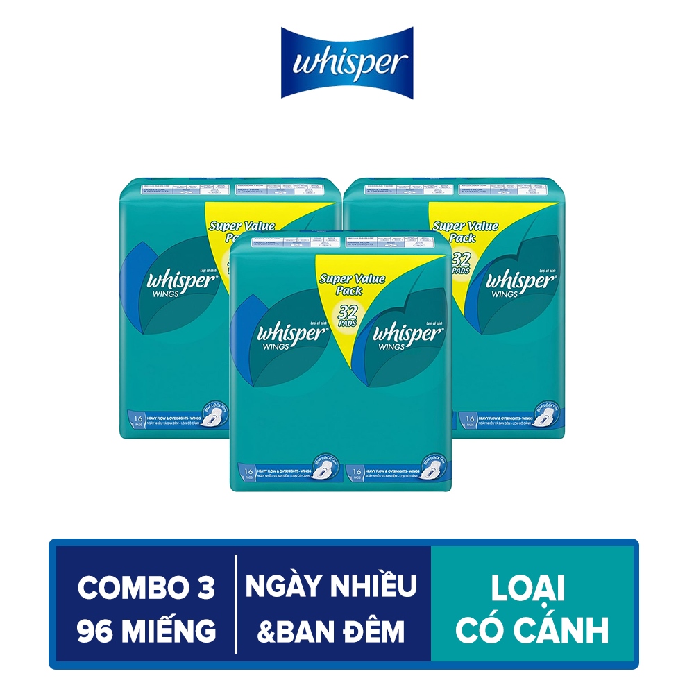 Combo 3 Băng Vệ Sinh Whisper Wings Có Cánh Ngày Nhiều Và Ban Đêm (Gói Lớn Tiết Kiệm 32 Miếng)