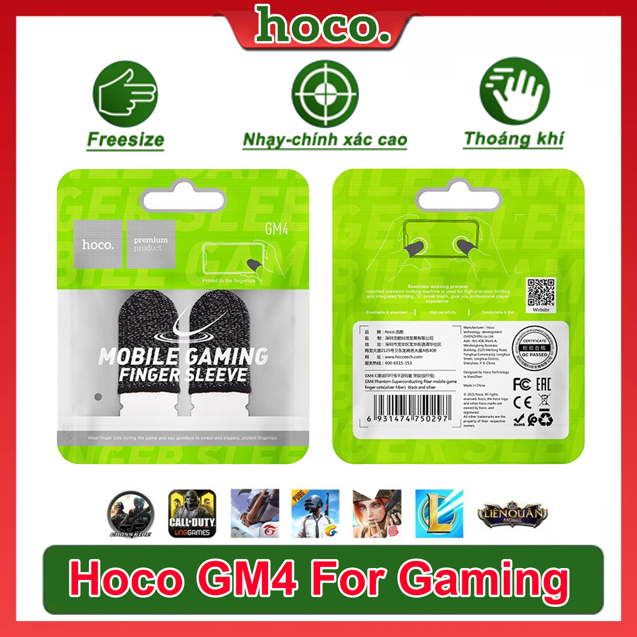 Bao tay chơi game ff siêu nhạy Hoco GM4 Găng tay Mobile cảm ứng chống mồ hôi chống trượ, Bộ 2 ngón - Hàng chính hãng