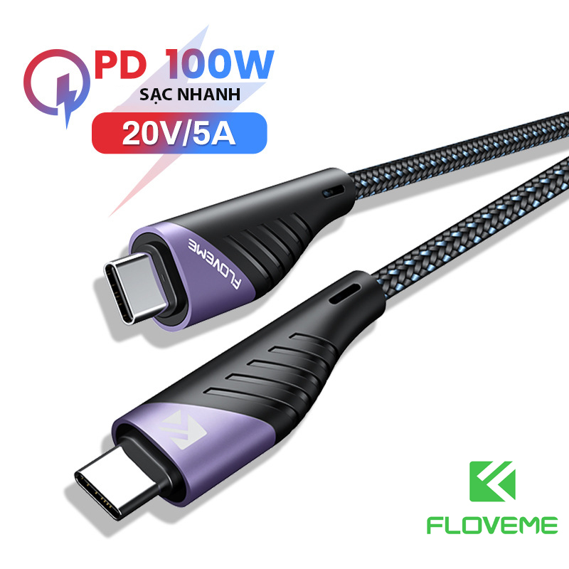 Cáp sạc nhanh floveme PD100W TYPE-C to TYPE-C - Tích hợp chip E-Marker Huinengtai - dòng điện  20V / 5A - Hàng chính hãng