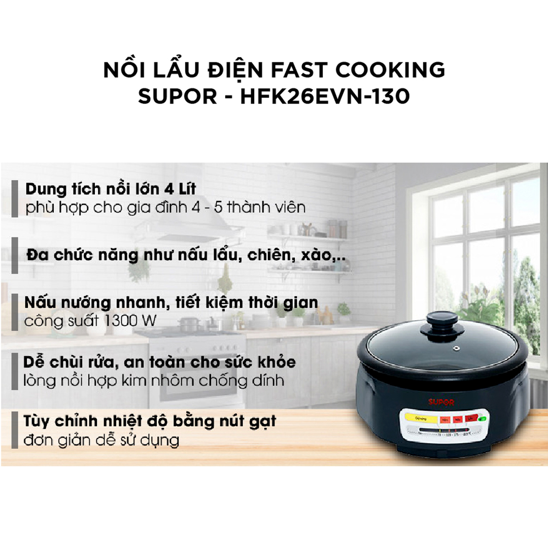 (HÀNG CHÍNH HÃNG) Nồi lẩu điện Fast Cooking Supor HFK26EVN-130 - 4L, 1300W