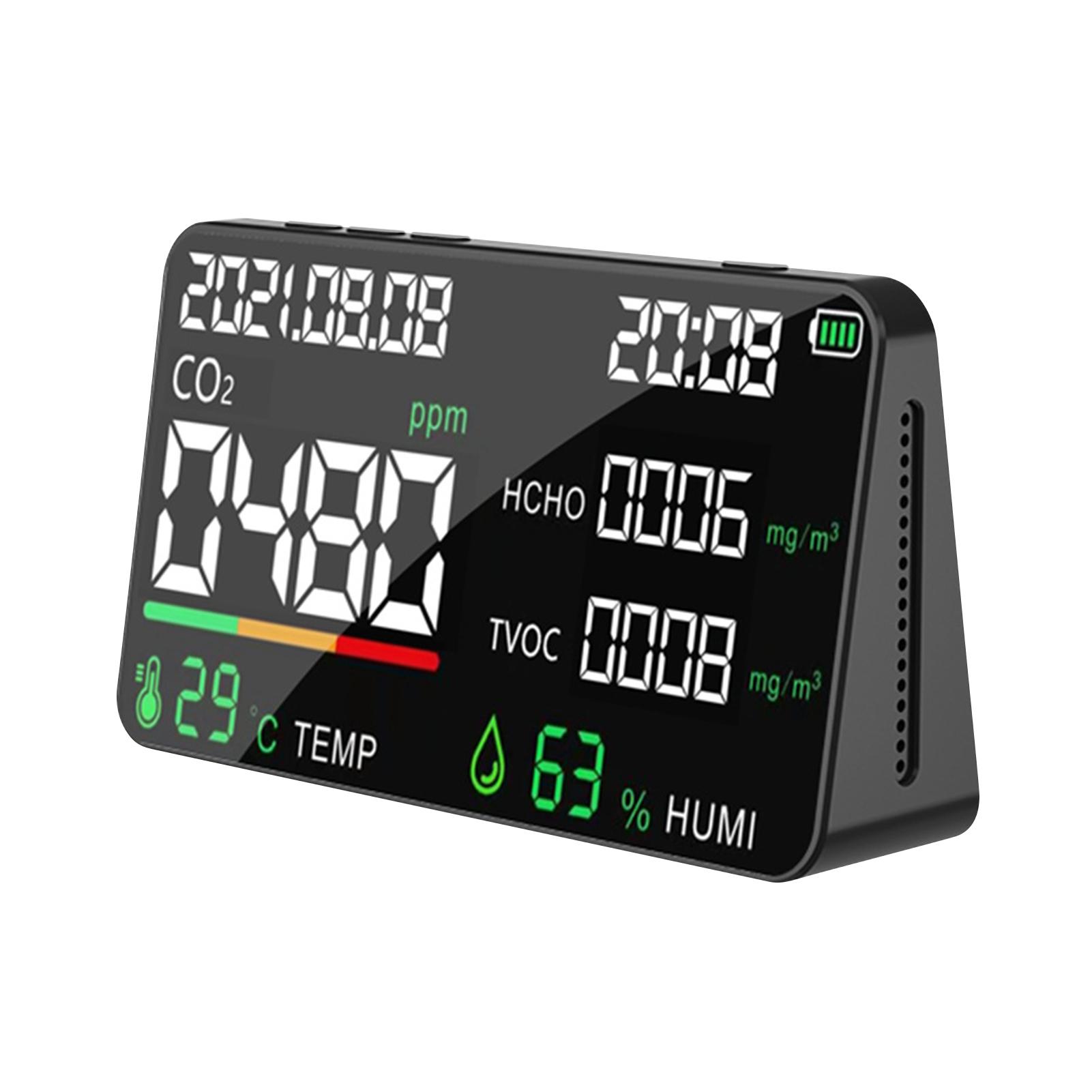 5 in 1 Air Quality Monitor LED Digital CO2 HCHO TVOC Temperature Humidity Tester USB Rechargeable Indoor Carbon Dioxide Meter for Room Office Greenhouse Warehouse