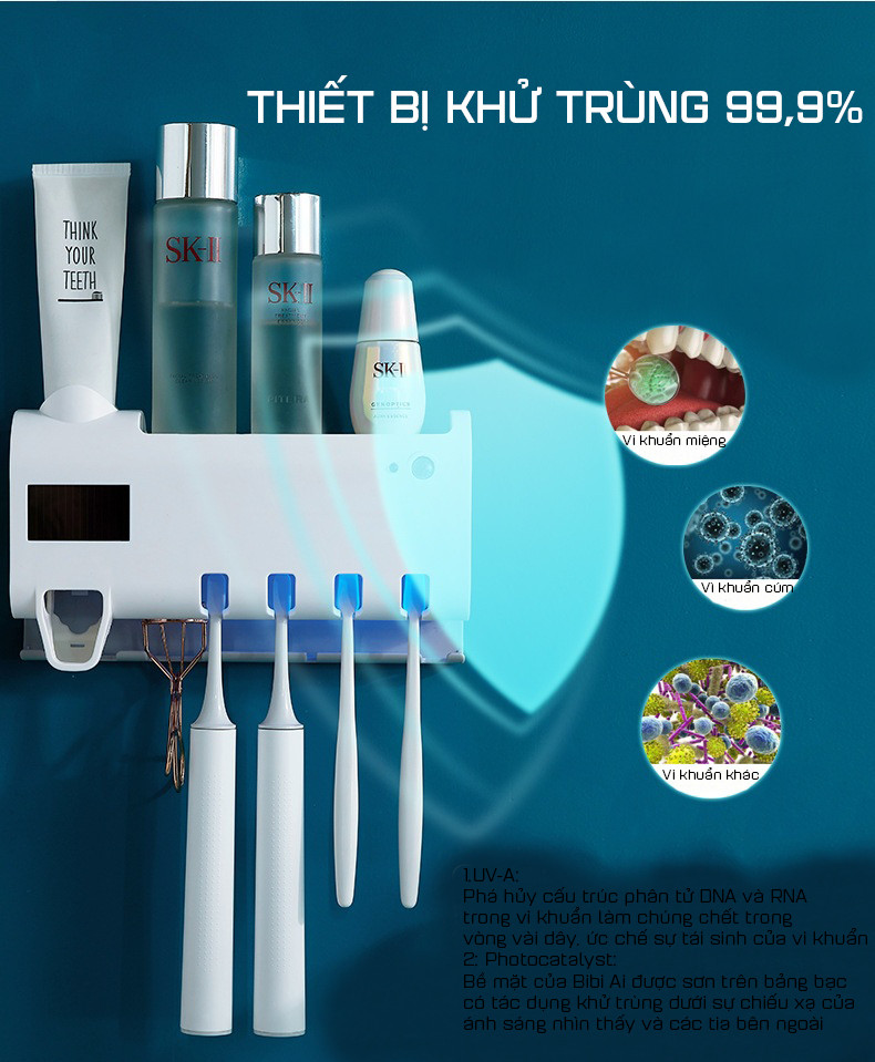 Kệ Đựng Bàn Chải Thông Minh Tự Động Lấy Kem Đánh Răng Kèm 2 Cốc Nam Châm Cao Cấp
