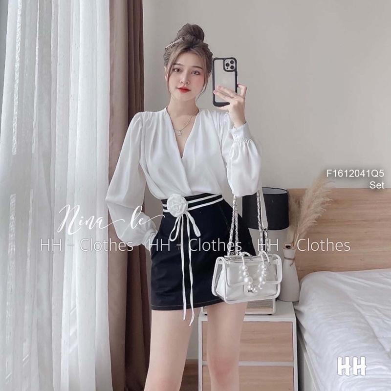 Sét bộ áo cổ tim nữ tay dài phối chân váy ngắn có lót quần tinh tế duyên dáng việt