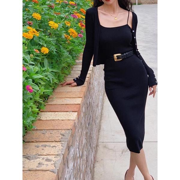 Set áo cardigan len và váy dây midi len cao cấp 2021