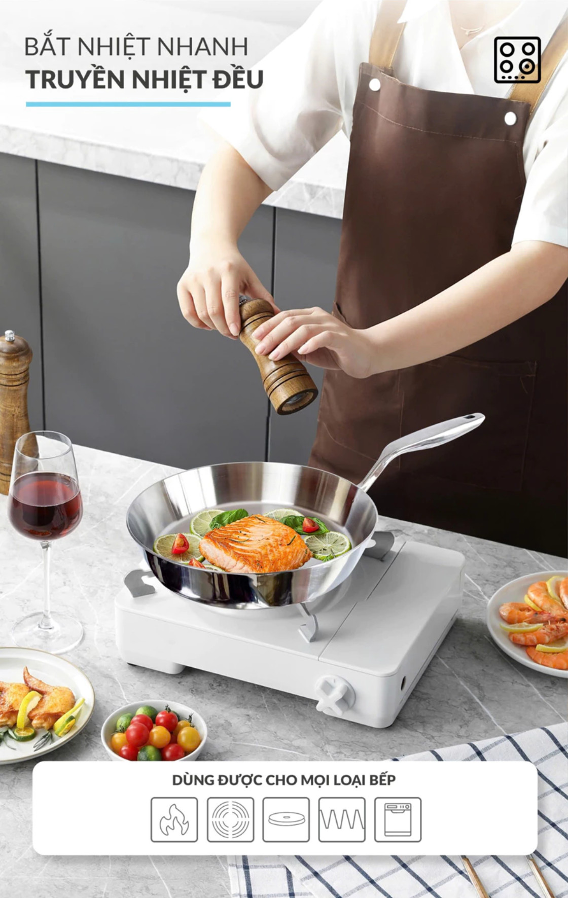Chảo Cạn Inox 316 Cao Cấp Haatz 3 Lớp Liên Khối, Sử Dụng Mọi Loại Bếp, Hàng Chính Hãng Bảo Hành 5 Năm